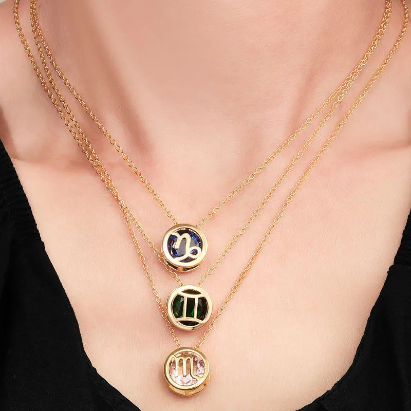 Women's gold electroplated copper zodiac constellation pendant necklace on O-ring chain
