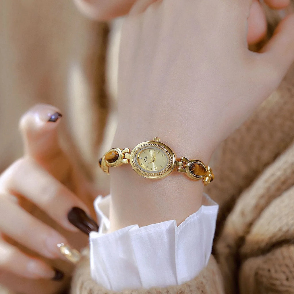 BS Gold Retro Rich Tigereye Chain Watch with 20x24mm dial and 7mm thickness in champagne gold finish