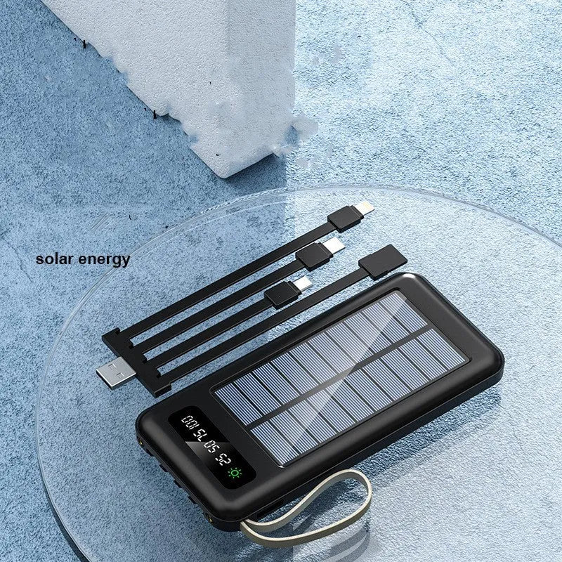 Solar power bank in cool black or ivory white colour showing compact 144mm design with charging port