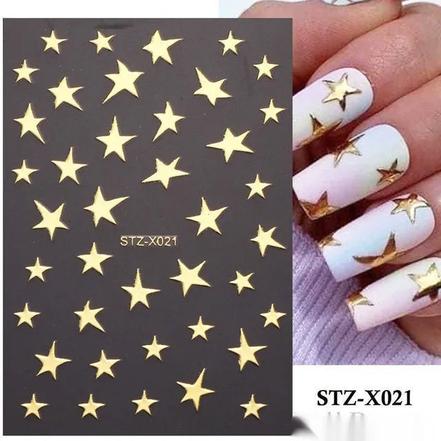 Set of 60 black and silver cartoon pattern nail strip stickers with plastic application patch.