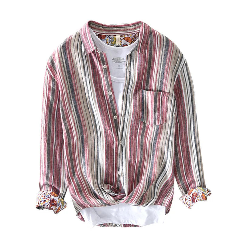 Men's striped linen casual shirt with long sleeves in loose-fitting design