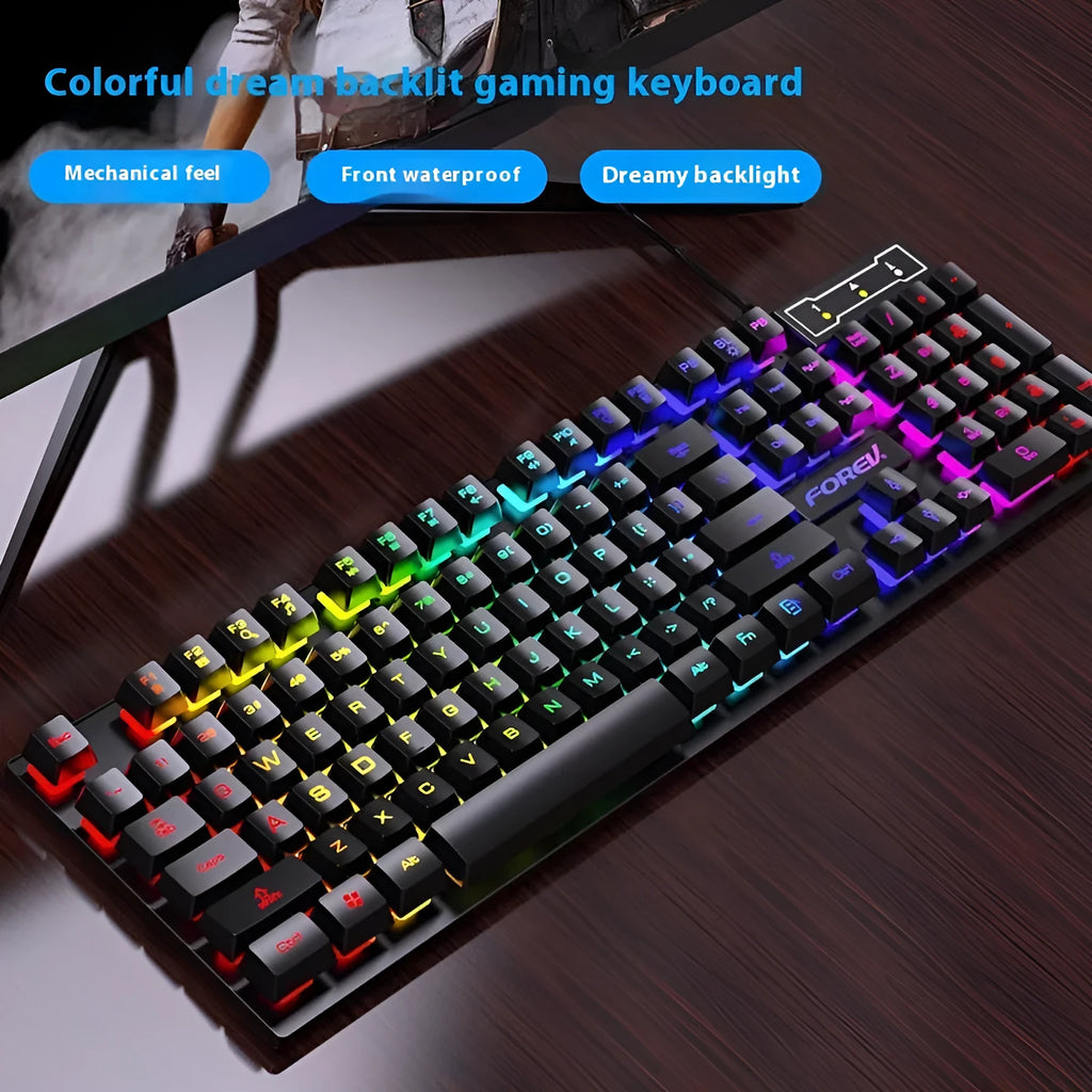 Black backlit gaming keyboard and mouse combo on desk with 104 keys