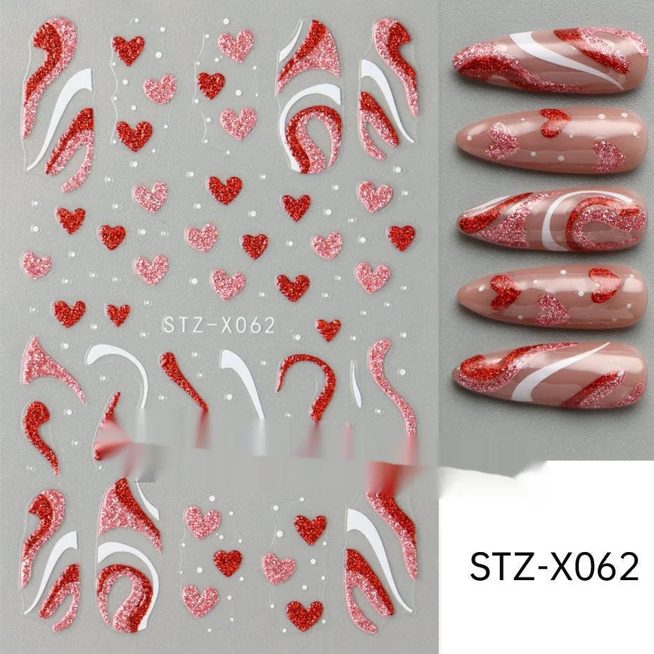 Set of 60 black and silver cartoon pattern nail strip stickers with plastic application patch.