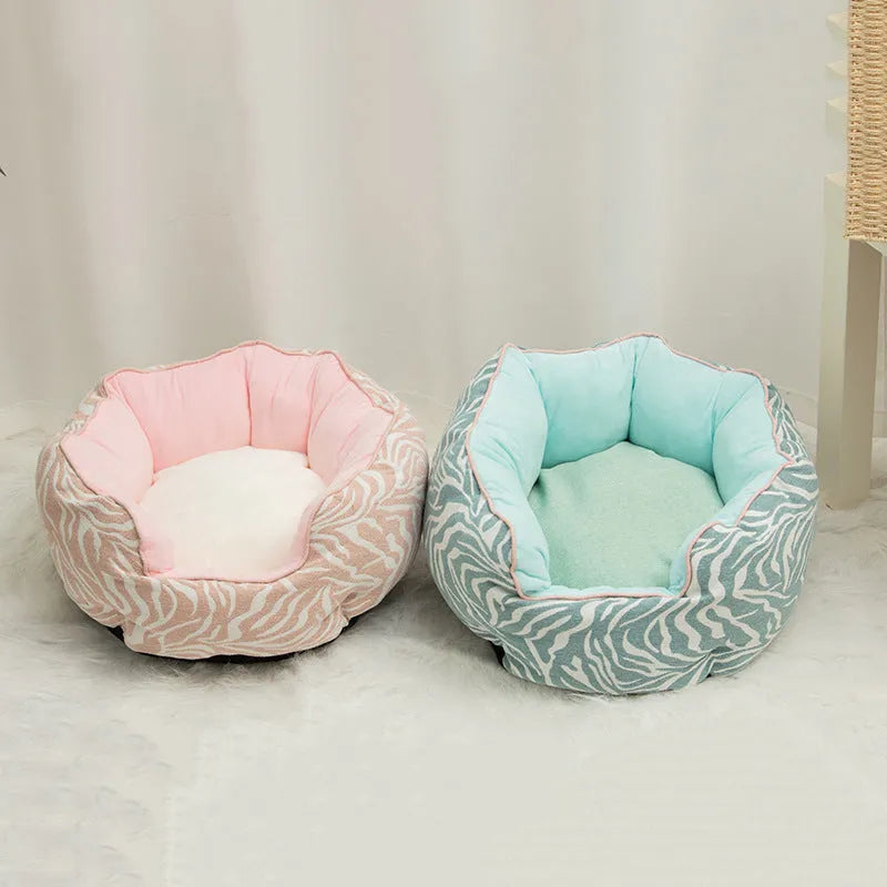 Blue octagonal pet bed with removable mat for a small dog or cat.