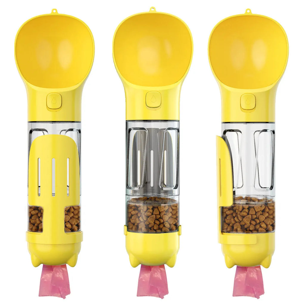 Portable 3-in-1 dog water bottle with leak-proof design, poop bag dispenser, and treat holder in aquamarine colour