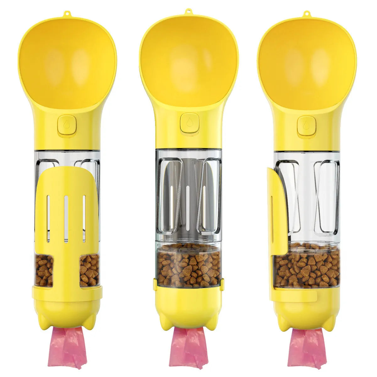 Portable 3-in-1 dog water bottle with leak-proof design, poop bag dispenser, and treat holder in aquamarine colour
