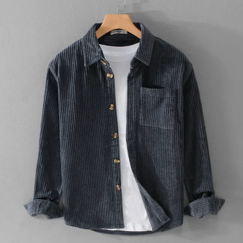 Men's winter corduroy shirt with chest pocket and button front in khaki colour