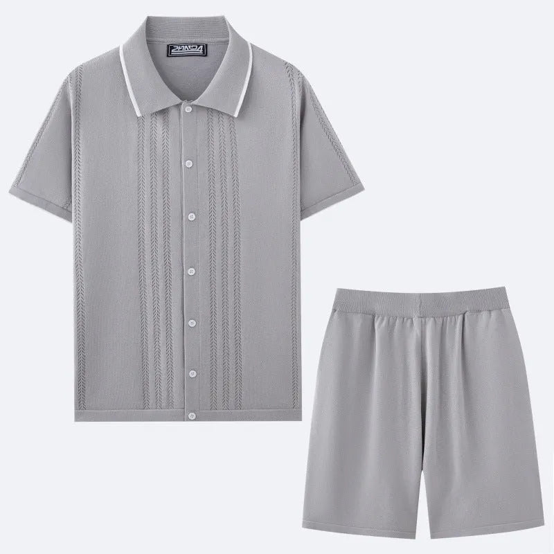 Khaki coloured short sleeve sweater top and matching shorts from a business casual two-piece set.