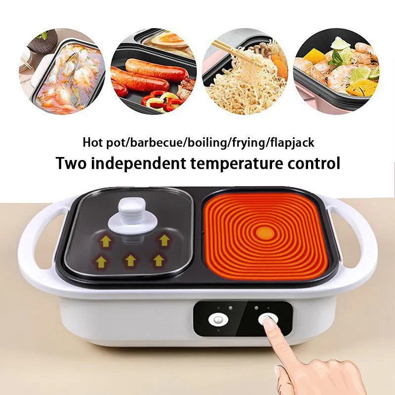 White or green dual-function electric hot pot appliance with mechanical controls for caldron and frying oven use.