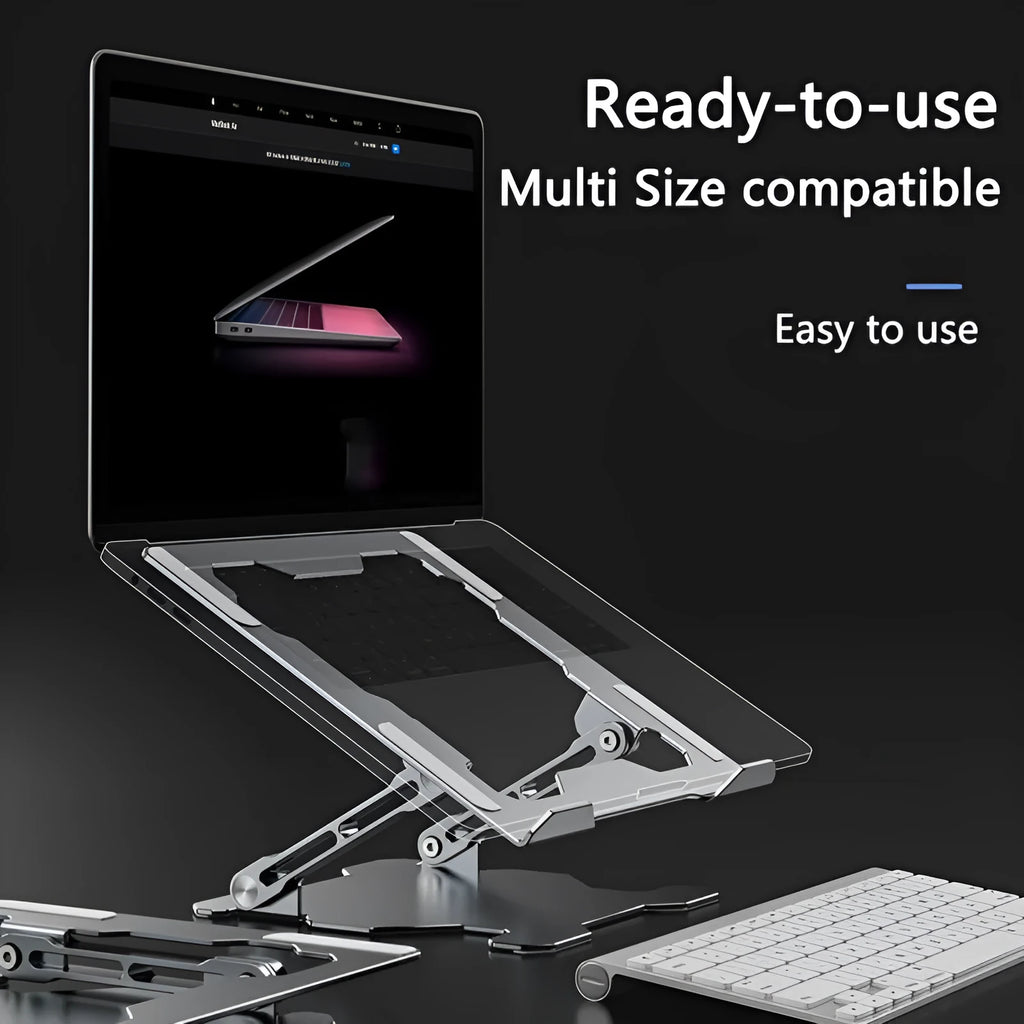 Grey aluminum laptop stand with adjustable angle and hollow heat dissipation design