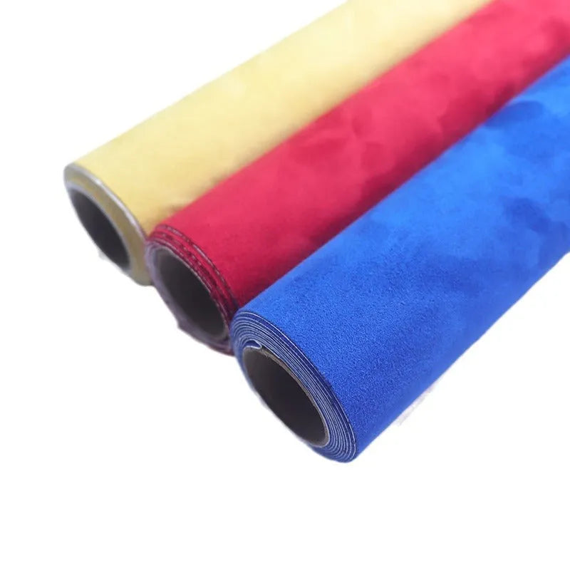 Self-adhesive leather suede sheet in multiple colour swatches showing Black, Brown, Blue, and Red options.