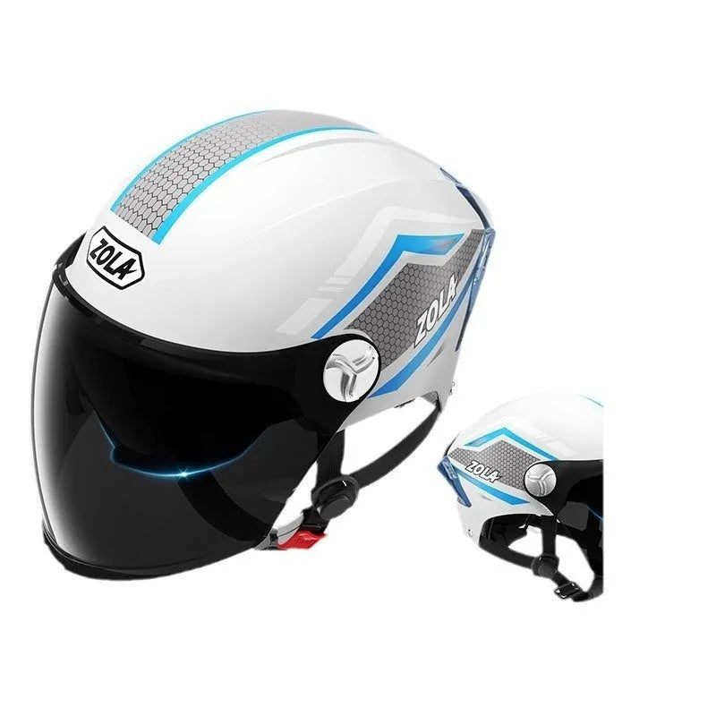 3C-certified ABS plastic half helmet for motorcycles with a double mirror visor, shown in a light brown colour variant.