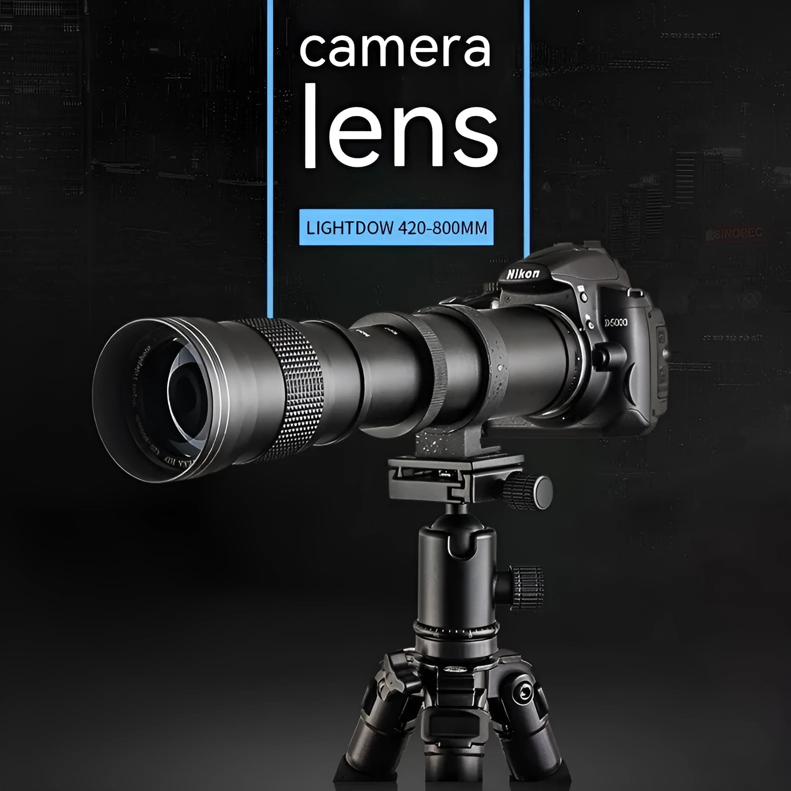 420-800mm manual telephoto zoom camera lens with T-mount adapter shown at full extension
