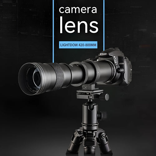 420-800mm manual telephoto zoom camera lens with T-mount adapter shown at full extension