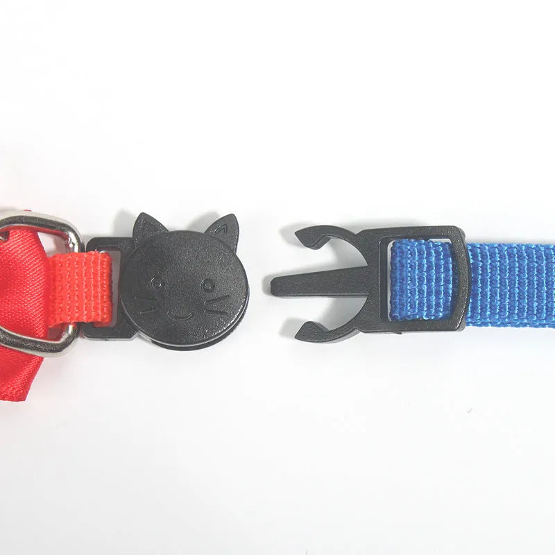 Adjustable nylon cat collar with bell in striped pattern available in multiple colours like red blue and green
