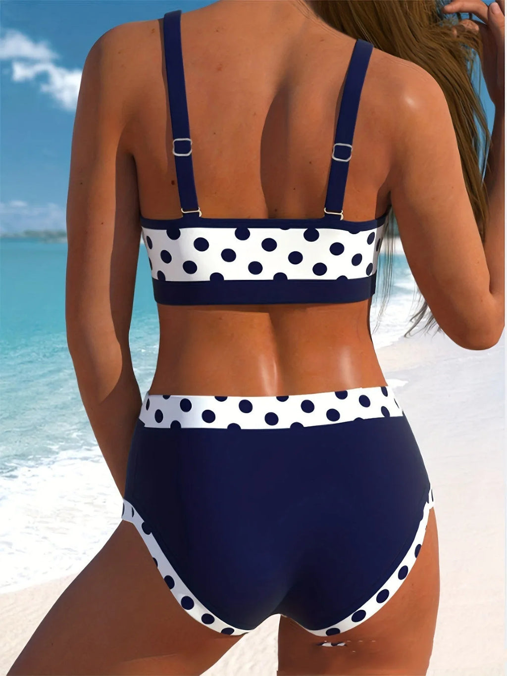 Multicolor small dot pattern swim briefs in conservative styling with polyester construction