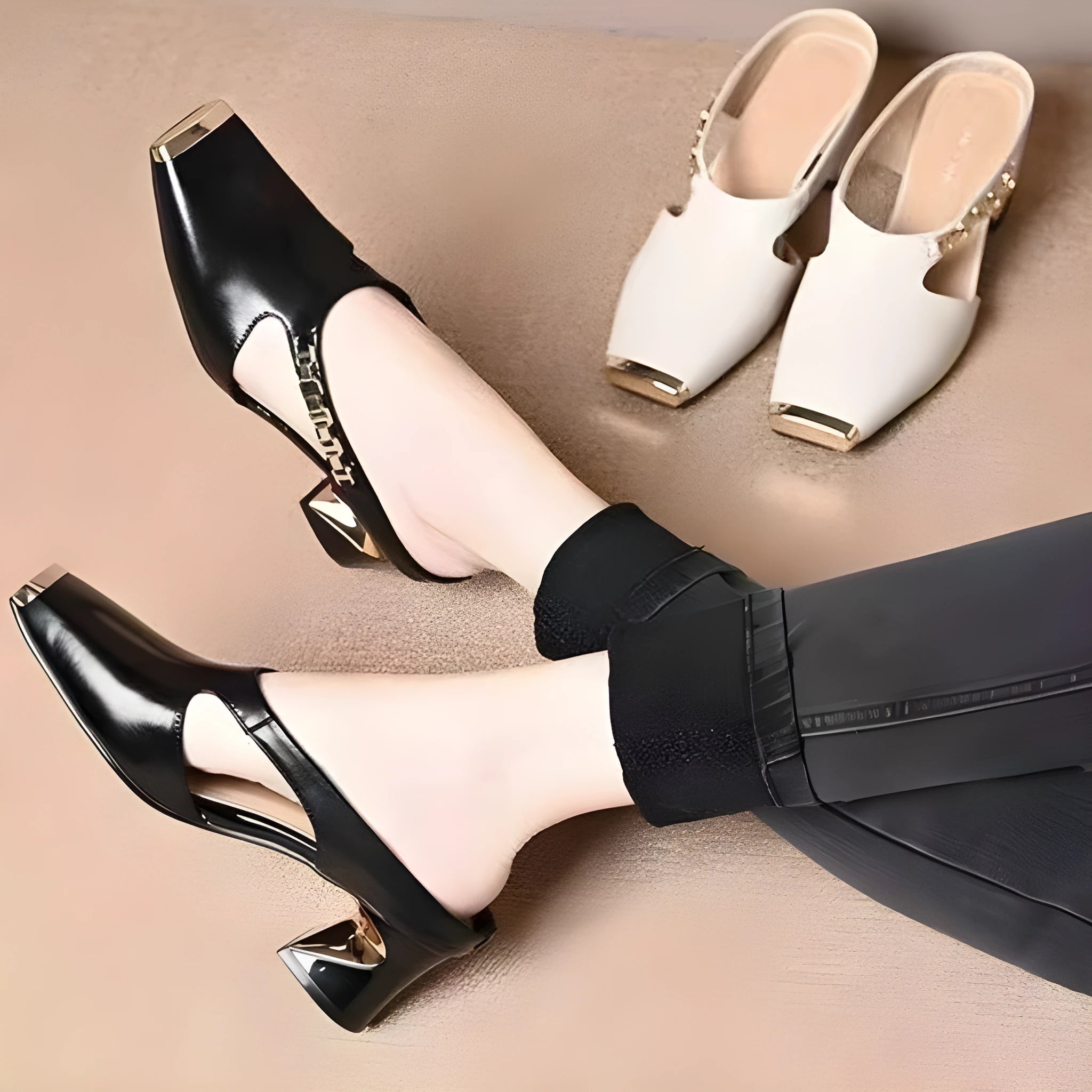 Metal Tilta French retro square toe sandals in black with PU upper and rubber sole