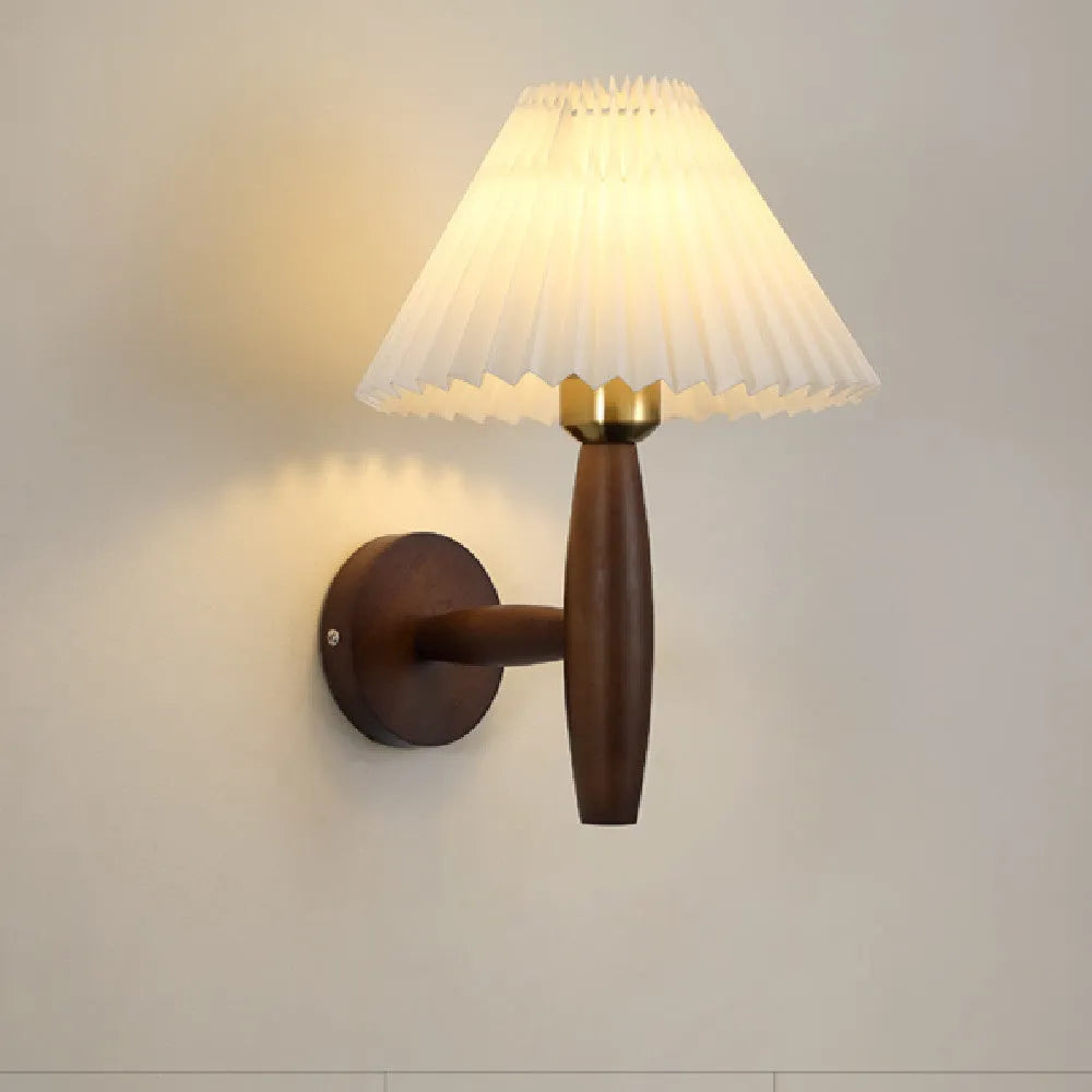 Walnut wood American retro bedside wall lamp with fabric shade and E27 socket