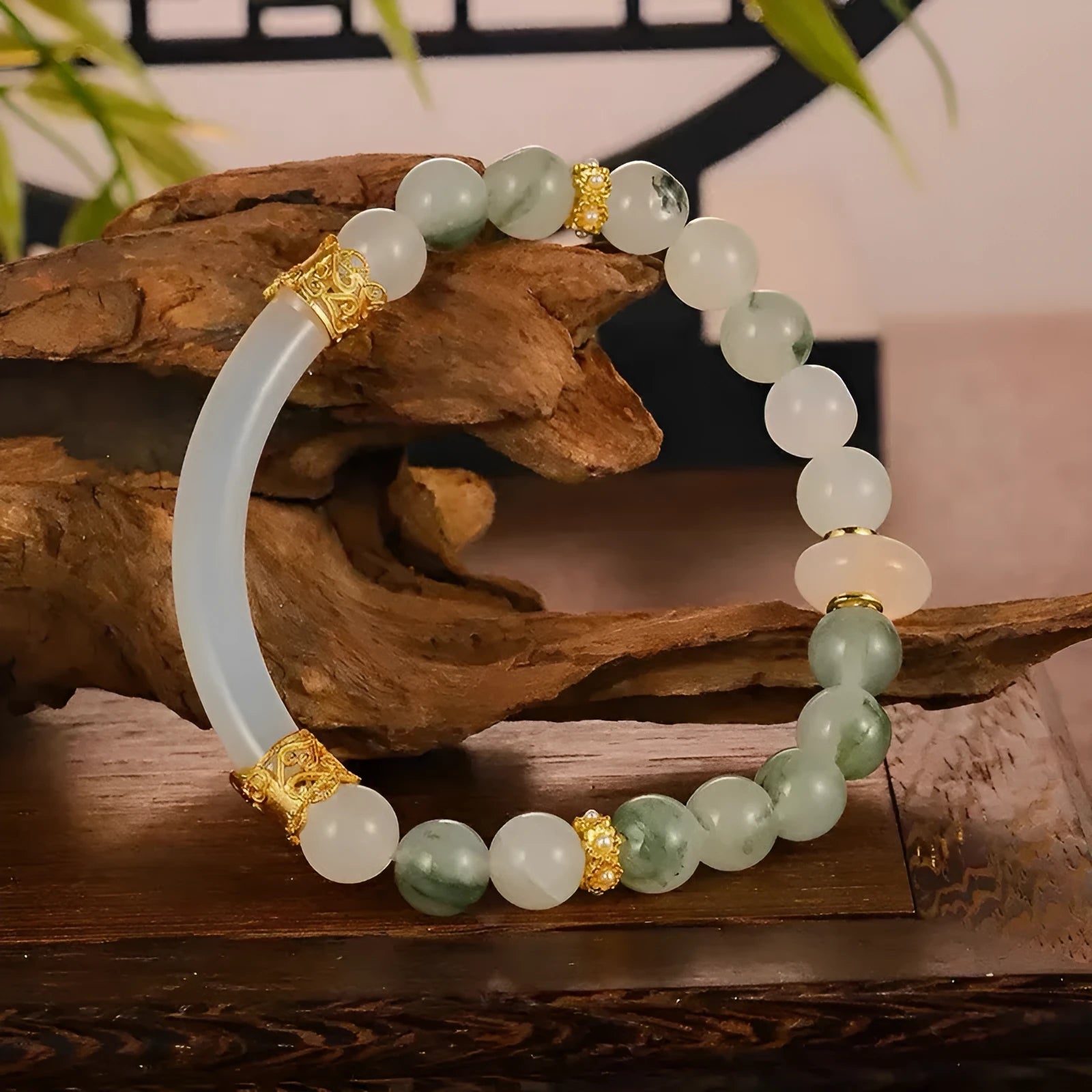 Emerald Green Tian Shan Cui stone half bracelet for women with round national style design.