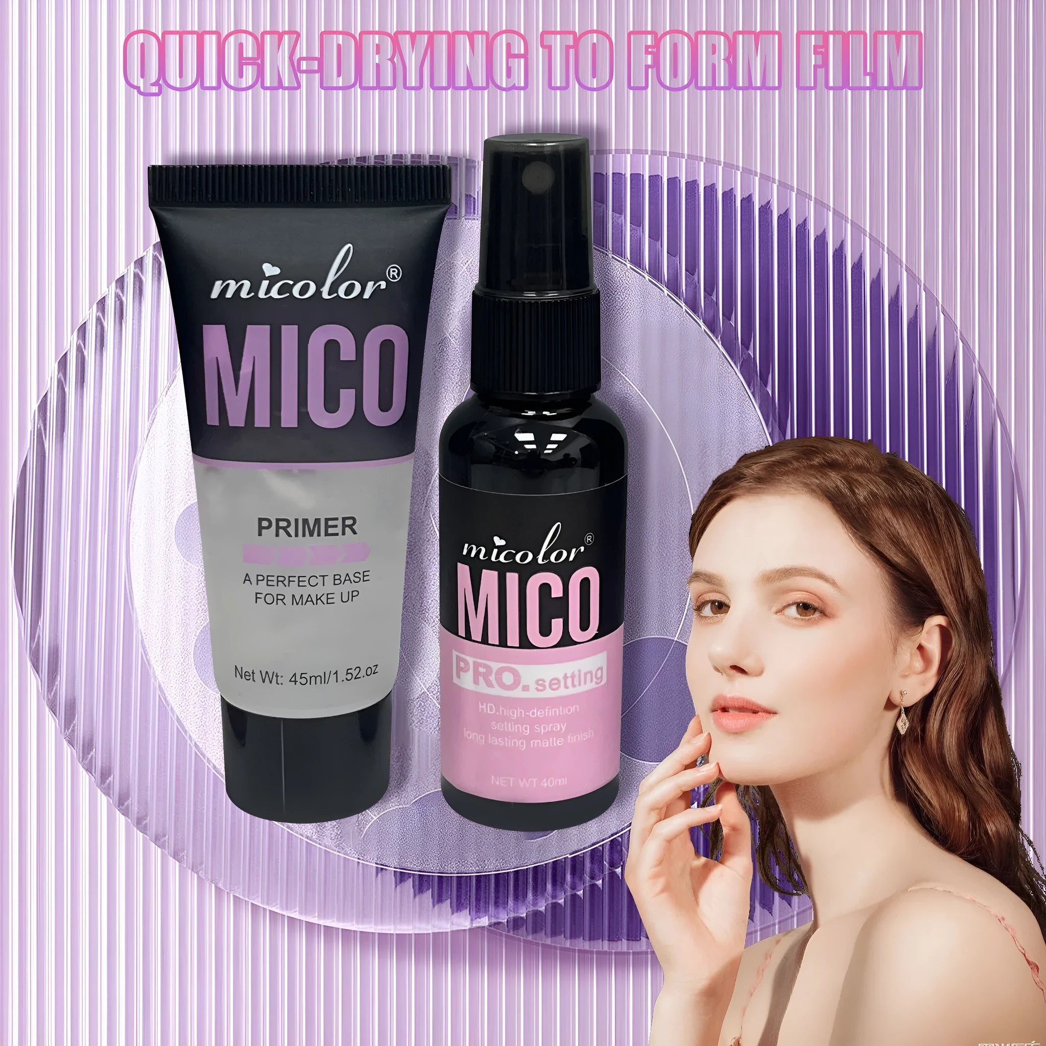 Two-in-one make-up primer and final sealer spray set, 45ml and 40ml bottles, monochrome packaging