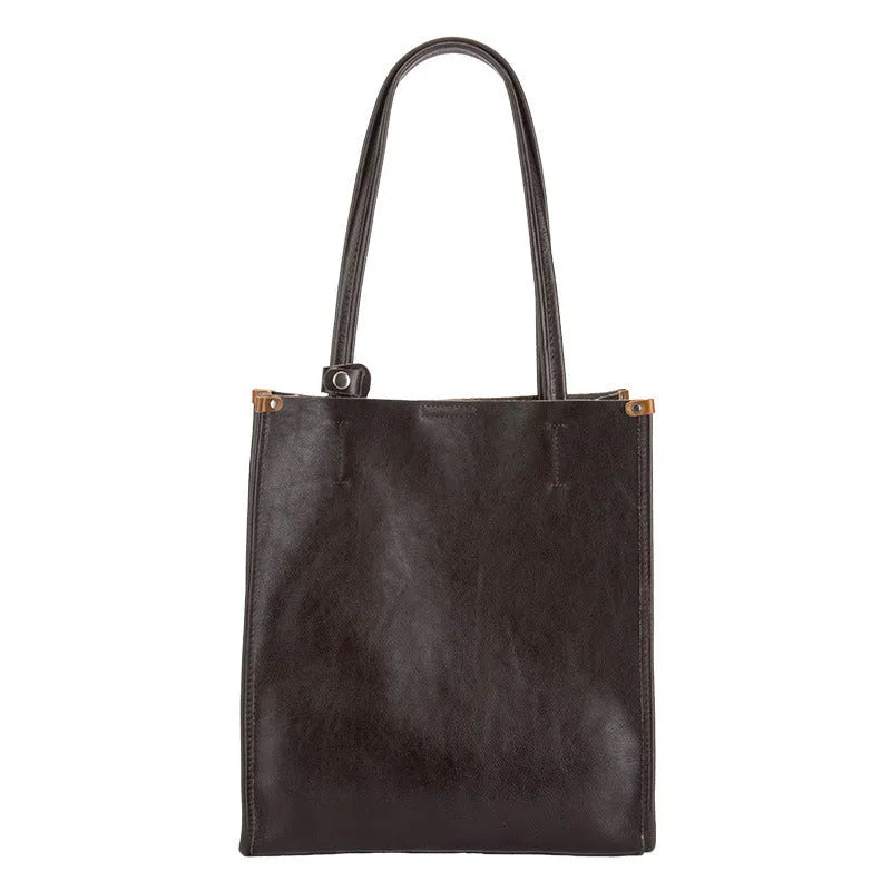 Genuine leather large capacity city commuter shoulder bag square vertical tote in black