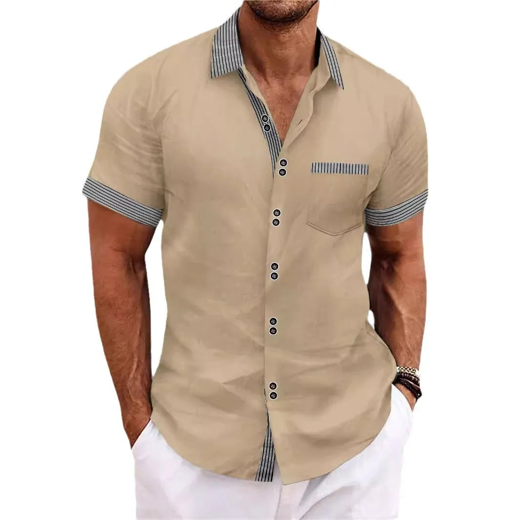 Double button striped casual shirt in pure cotton with slim fit and short sleeves