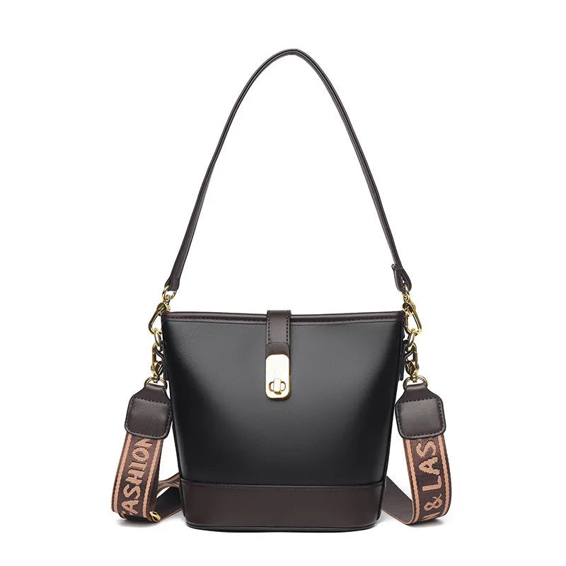 Korean-style black bucket shoulder bag with internal organisation compartments