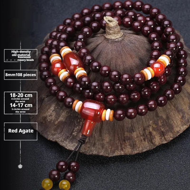 Men's rosewood bracelet with 108 beads and lapis lazuli stone accent, shown in 8mm size.