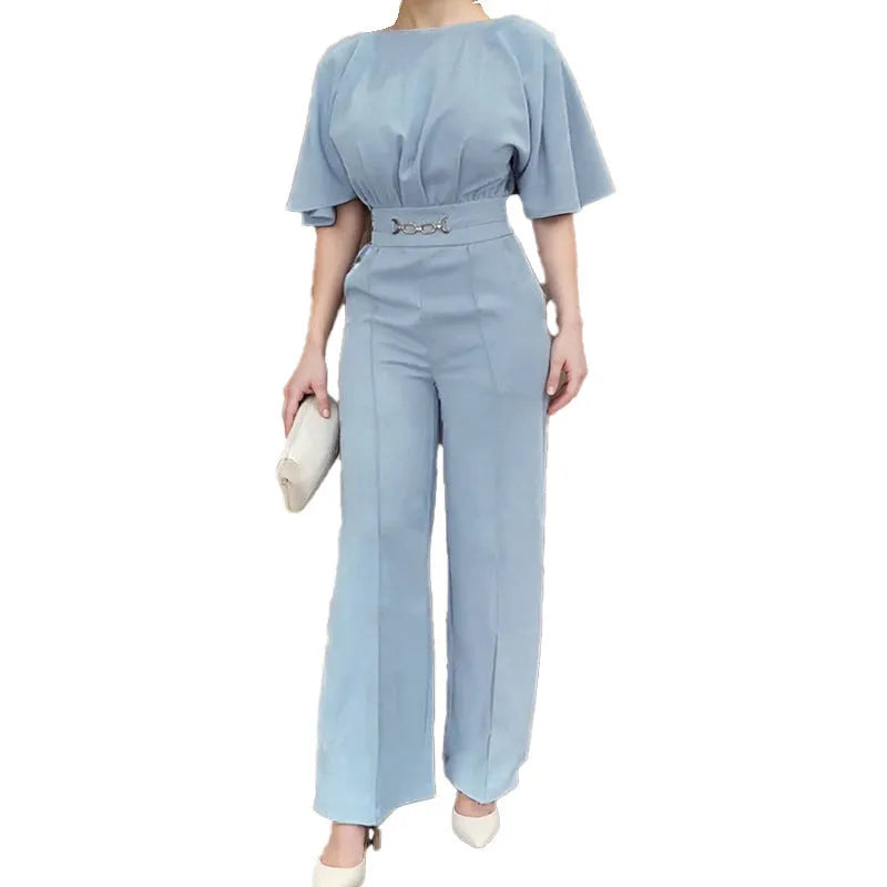 Men's blue polyester casual suit set with trousers and long-sleeved jacket in European/American sizing