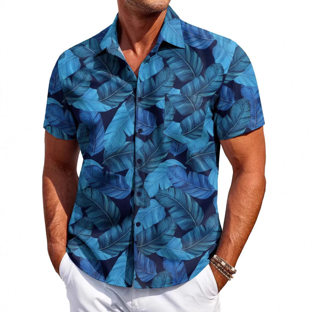 Man wearing a slim fit, short sleeve cardigan-style shirt in a solid colour.