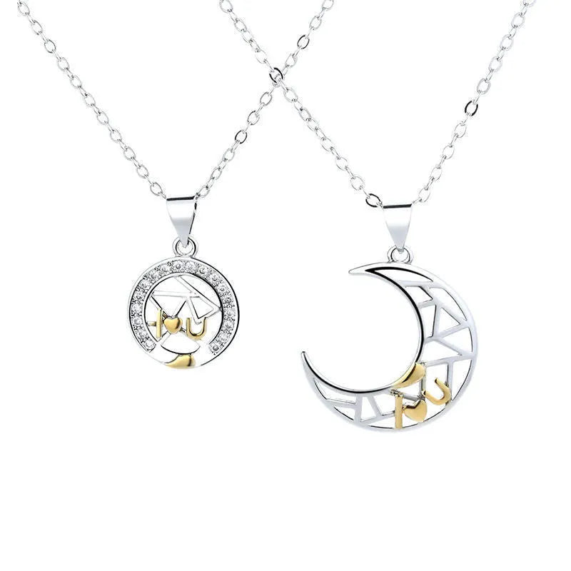 Sun moon couple necklace set with copper electroplated pendants on cross chains