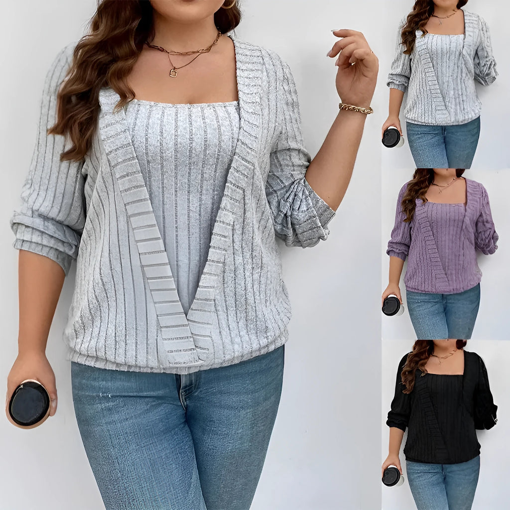 Women's solid colour rib fabric false two-piece suit with V-neck and long sleeves in a loose fit.