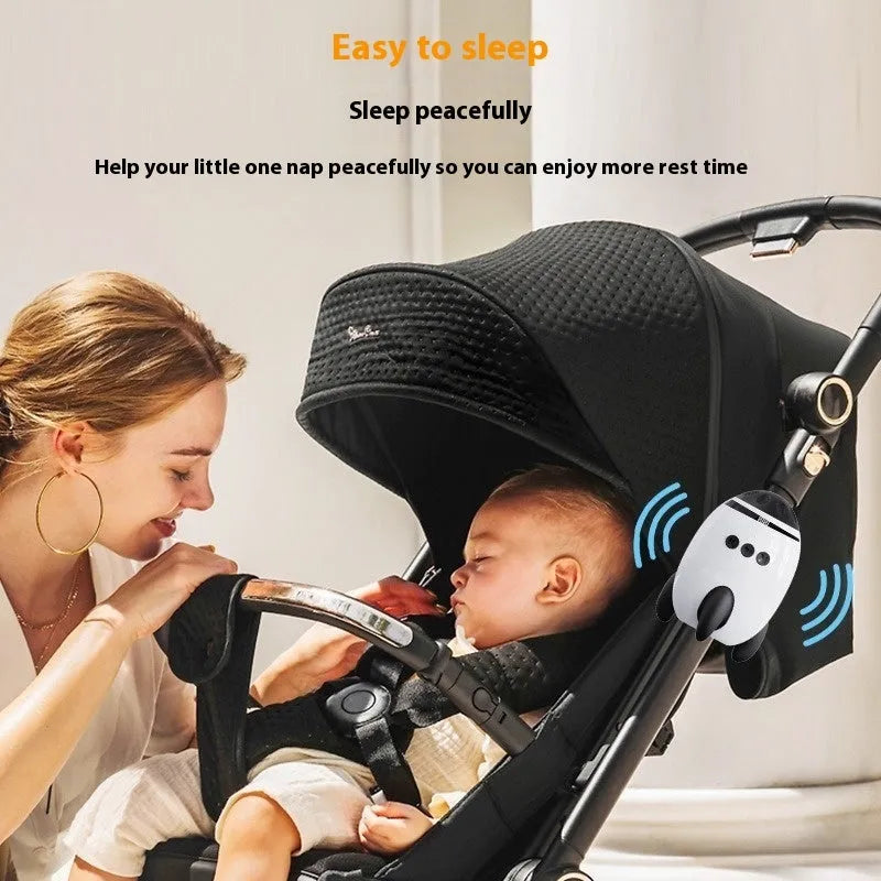 White ABS baby sleep comforter with automatic shaking and Bluetooth connectivity measuring 12x9.3x8cm