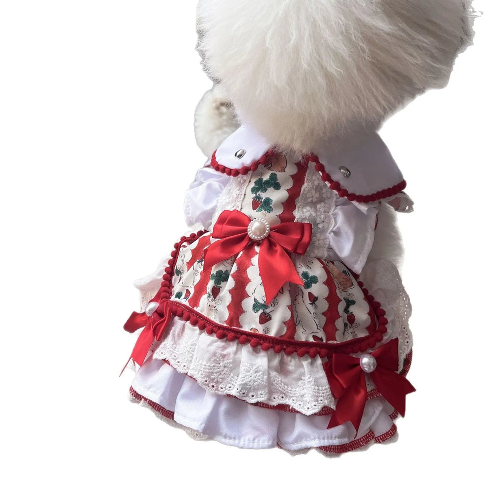 Rabbit skirt princess style dog costume in polyester shown in multiple sizes from XS to XL.