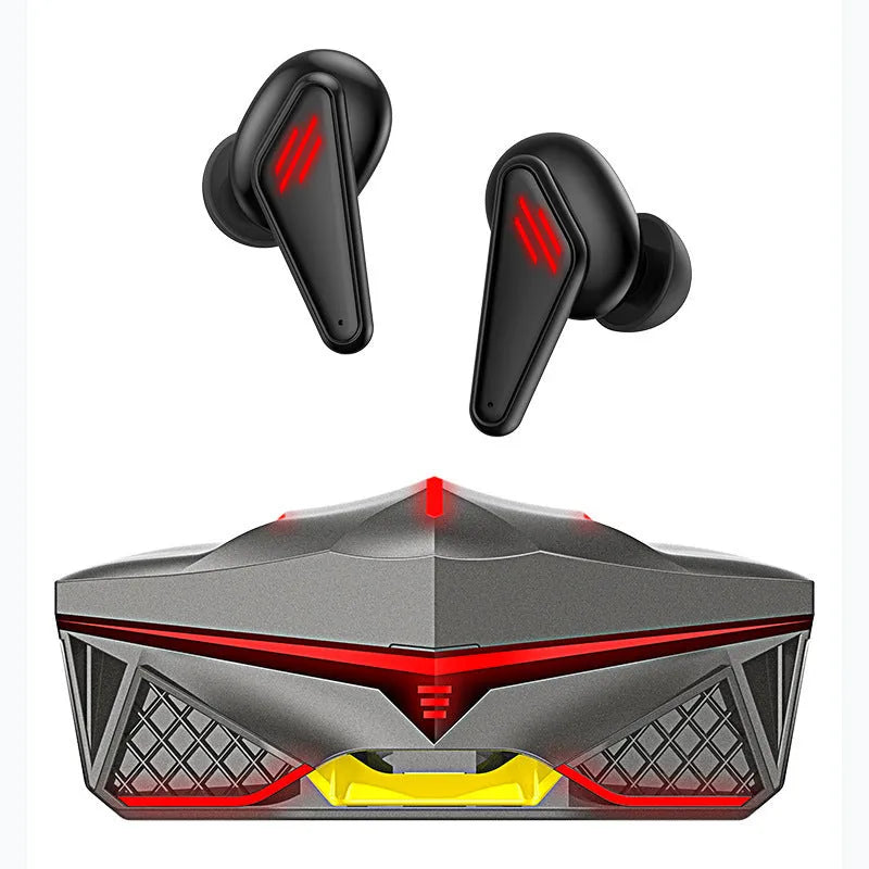 K98 black wireless Bluetooth earphones with charging bay on white background