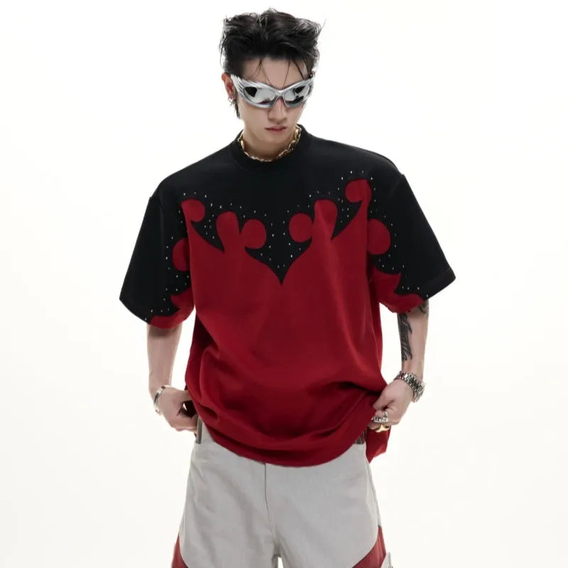 Men's red cotton shirt with burnt flower stitching pattern and rhinestone details on short sleeves