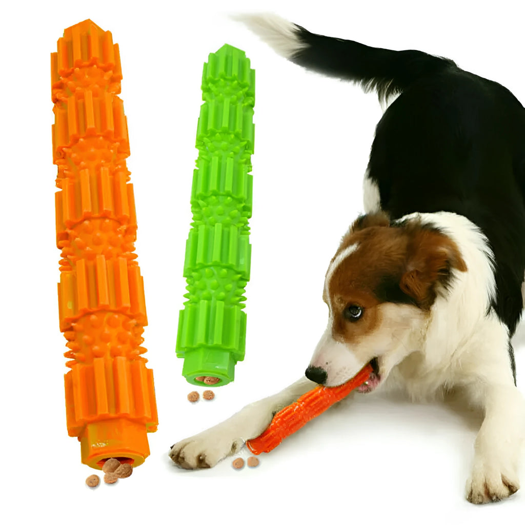Green durable rubber dog chew toy with treat dispenser hole and textured surface.