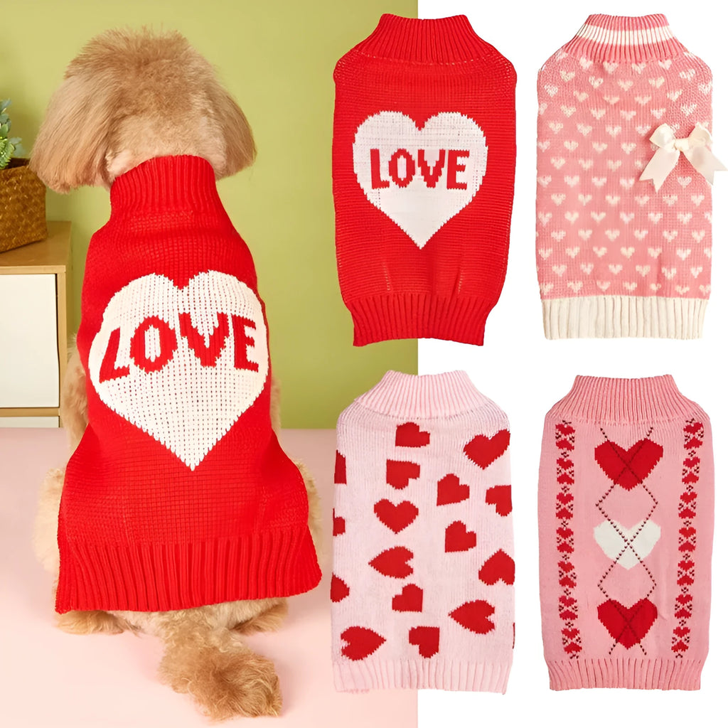 Acrylic dog sweater with bow and love heart design in pink colour option
