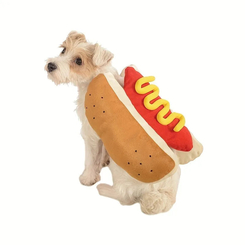 A dog wearing a plush hot dog costume with a back hook and loop closure.