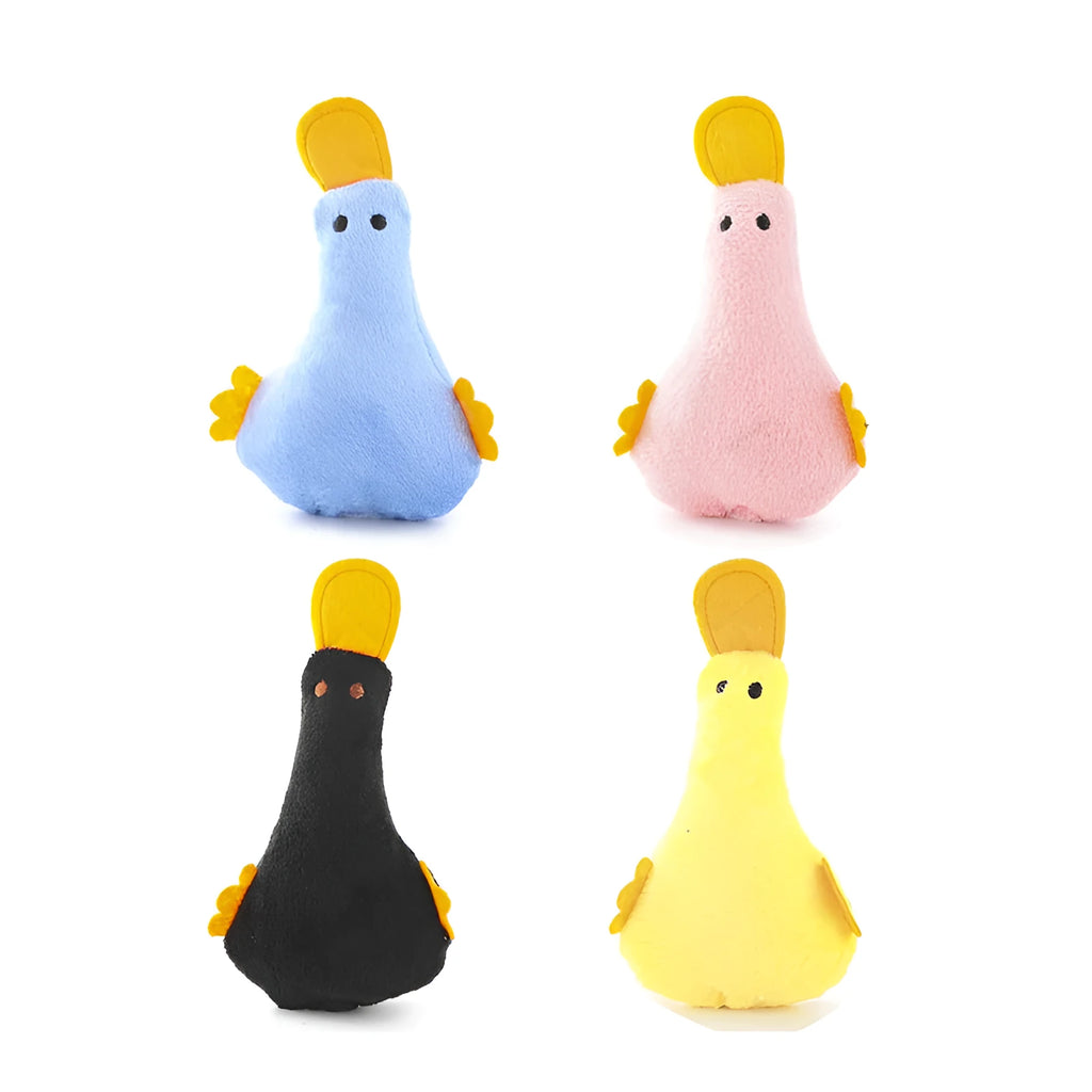 Plush duck pet toy with squeaker and catnip filling in four colour options
