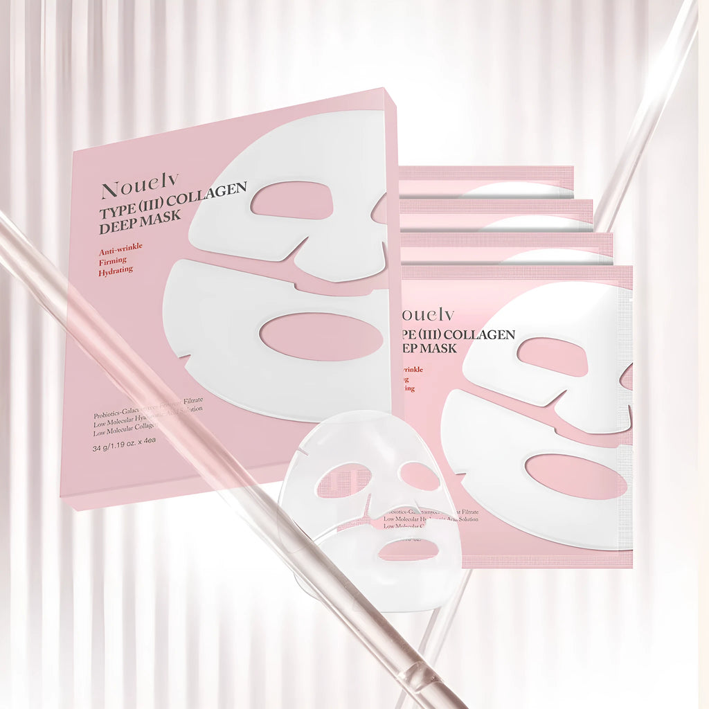 Box containing four collagen layered patch masks for moisturising skincare treatment