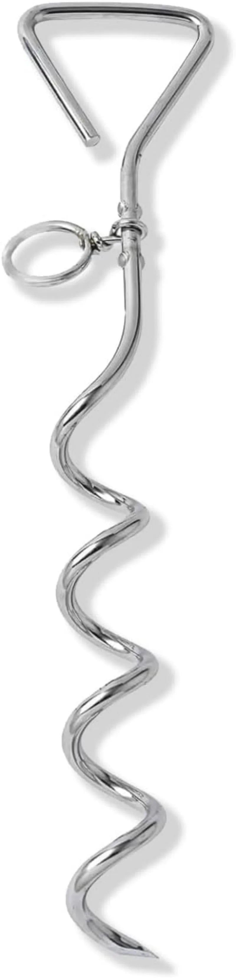 Solid steel spiral dog tie out stake for secure ground tethering outdoors.