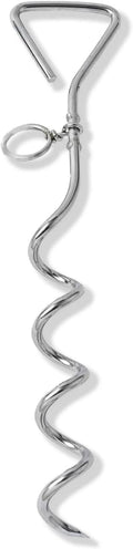 Solid steel spiral dog tie out stake for secure ground tethering outdoors.