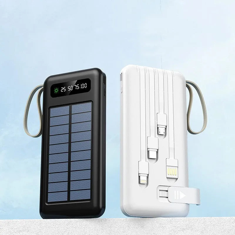 Solar power bank in cool black or ivory white colour showing compact 144mm design with charging port