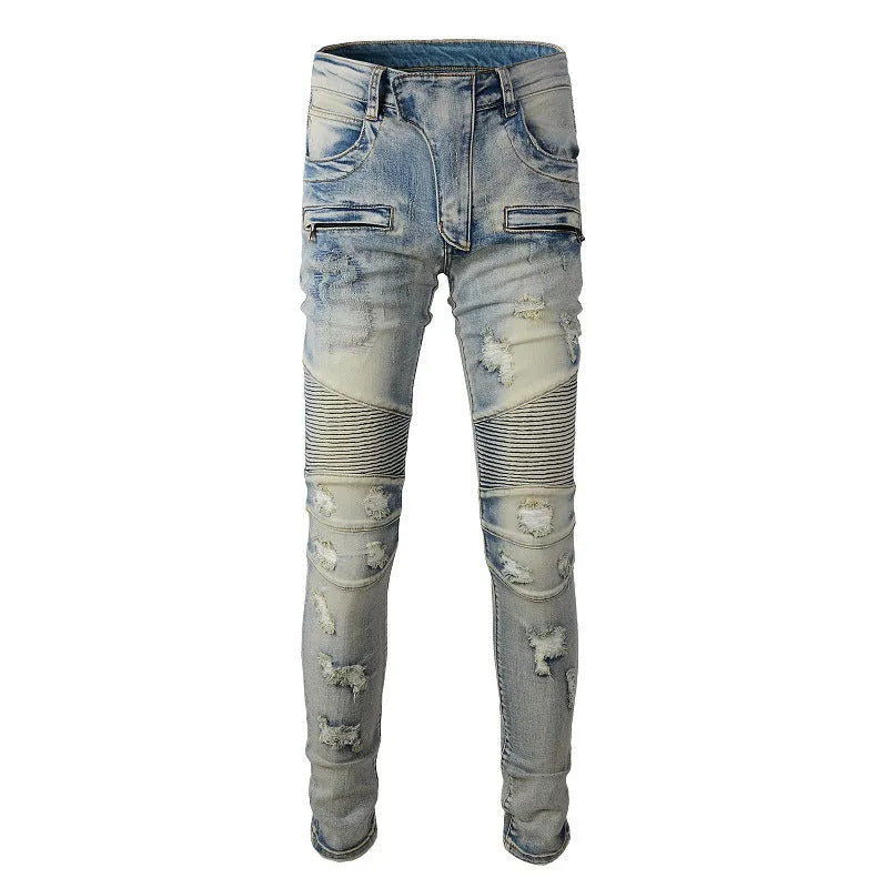 Light blue distressed slim stretch men's jeans with hand-frayed detailing and straight leg cut