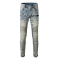 Light blue distressed slim stretch men's jeans with hand-frayed detailing and straight leg cut