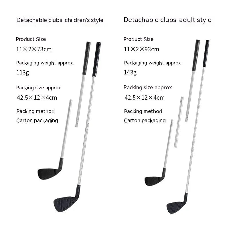 Metal golf practice putting club shown in adult size and children's size options for outdoor use.