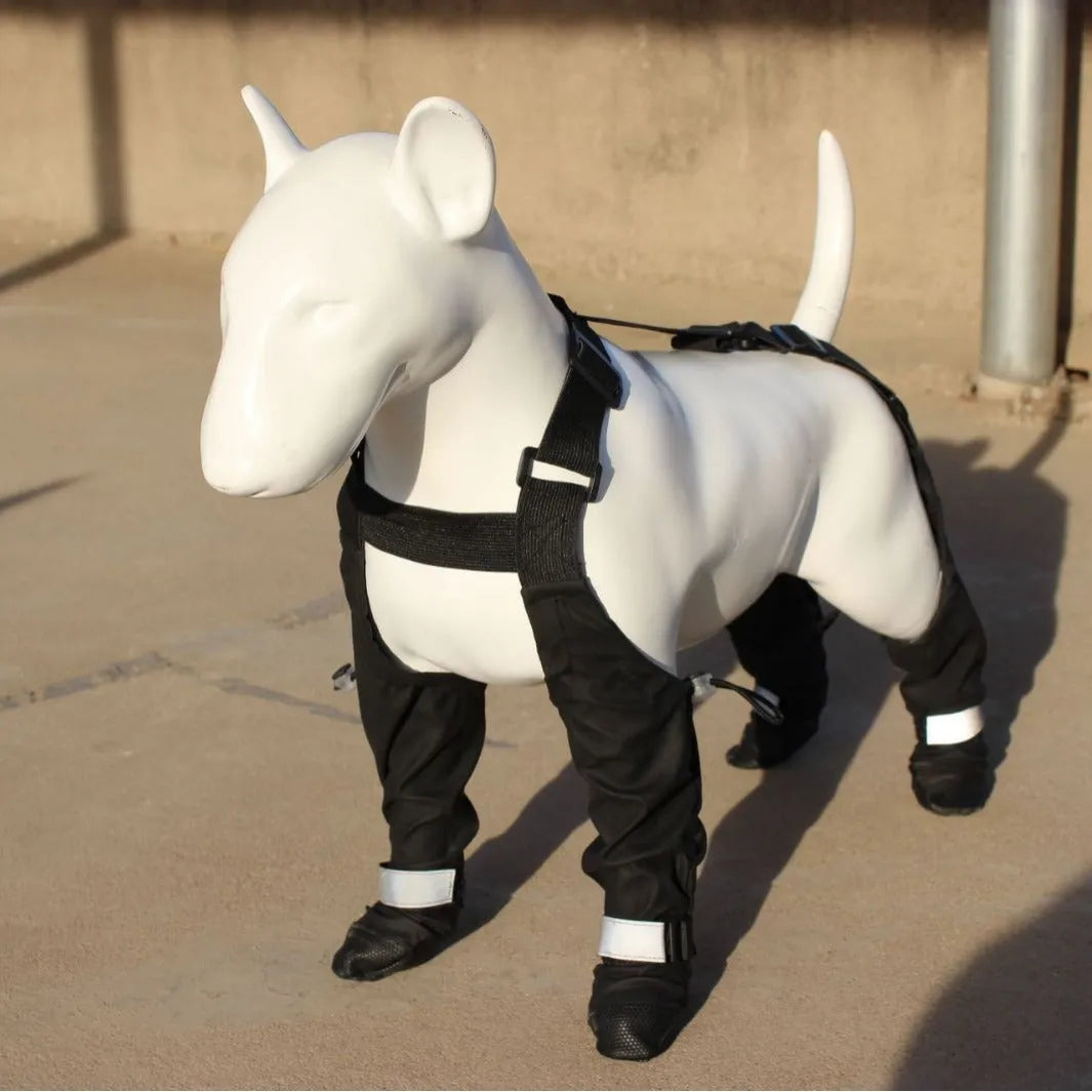Black waterproof non-slip dog shoes with adjustable straps in sizes XS S M L XL XXL