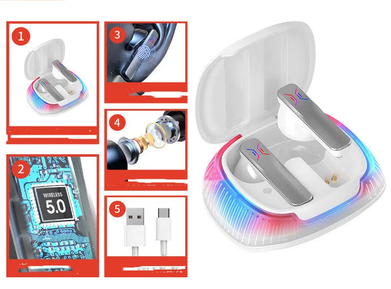 Hall Flashing wireless gaming headset with earplug design in black or white colour options