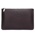 Men's soft PU leather clutch wallet open, showing six card slots, a bill compartment, and a zipper pocket.